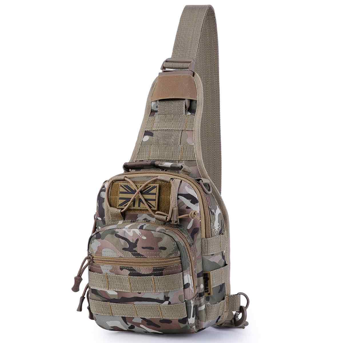 Compact and rugged Kombat Ranger Sling Bag BTP with adjustable strap, multiple compartments, and military-style design for outdoor enthusiasts.