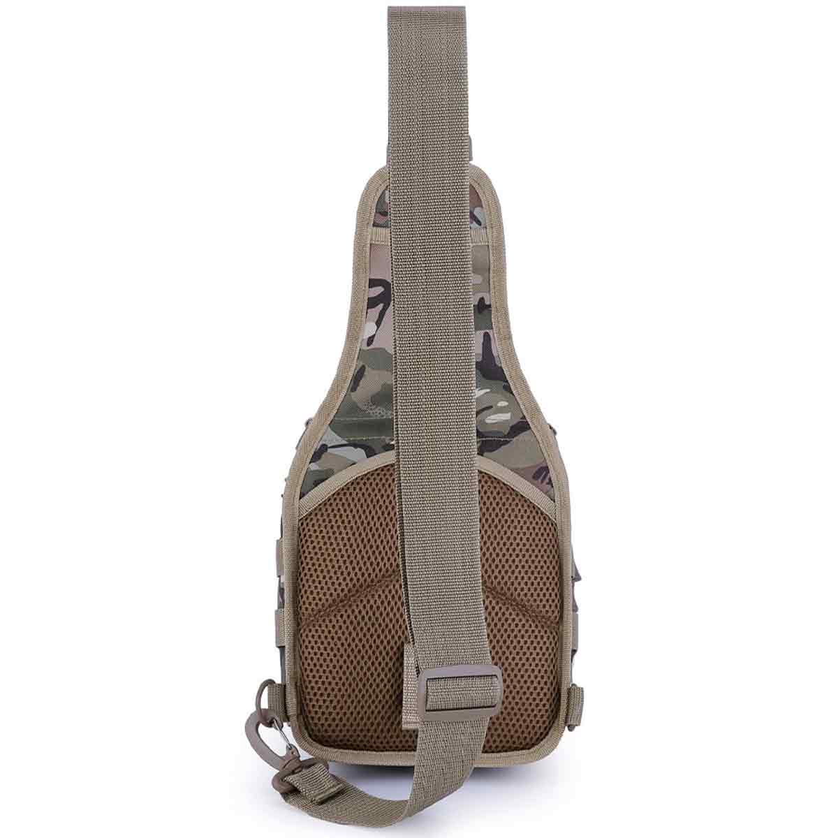 Rear view of the Kombat Ranger Sling Bag BTP, showcasing breathable mesh padding and adjustable strap for comfort during extended wear.