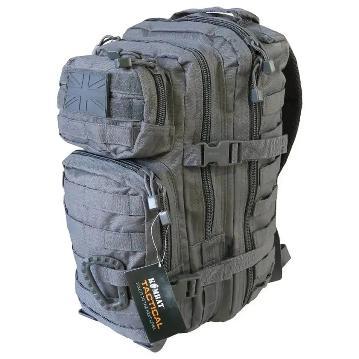 Grey Kombat Small 28L Molle Assault Patrol Rucksack featuring MOLLE webbing and compression straps, great for travel and patrol use. Grey from John Bull Clothing