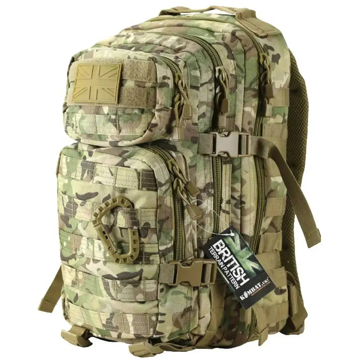 Multicam Kombat Small 28L Molle Assault Patrol Rucksack with British Tactical branding, ideal for hiking and tactical missions. BTP from John Bull Clothing
