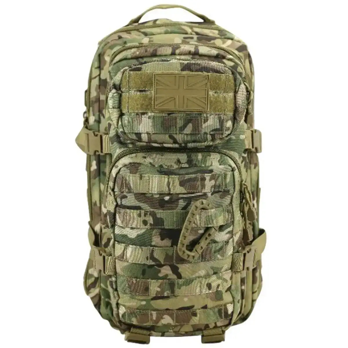 Front view of the multicam Kombat Small 28L Molle Assault Patrol Rucksack with tactical loops and British flag patch. from John Bull Clothing