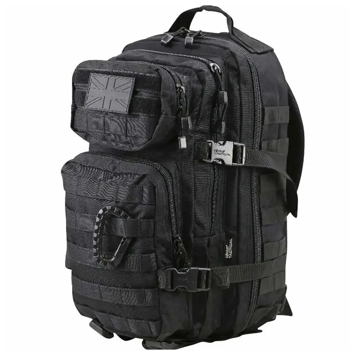 Black Kombat Small 28L Molle Assault Patrol Rucksack with tactical webbing and multiple zippered pockets for gear organization. Black from John Bull Clothing