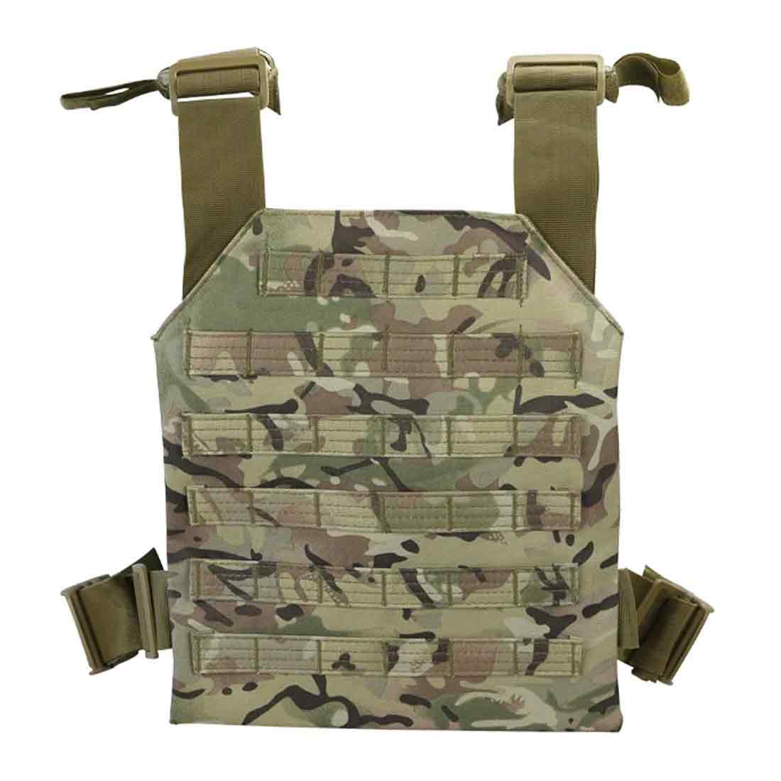 Rear view of the Kombat Spartan Airsoft Plate Carrier in BTP camouflage, showcasing MOLLE webbing for modular attachments and tactical gear.
