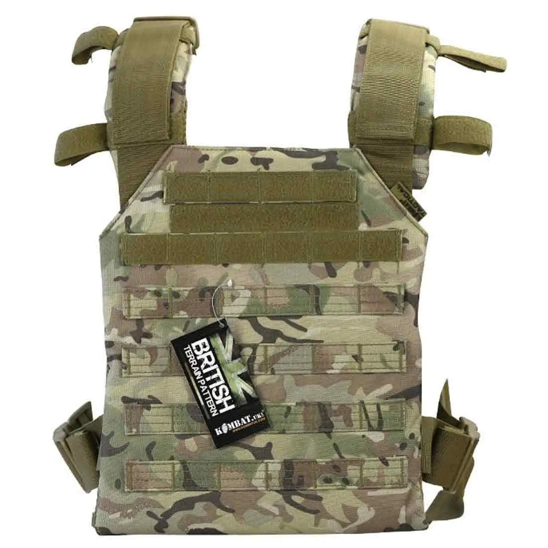 Kombat Spartan Airsoft Plate Carrier in BTP camouflage, designed with MOLLE webbing and durable 600D polyester for airsoft and tactical use. BTP from John Bull Clothing