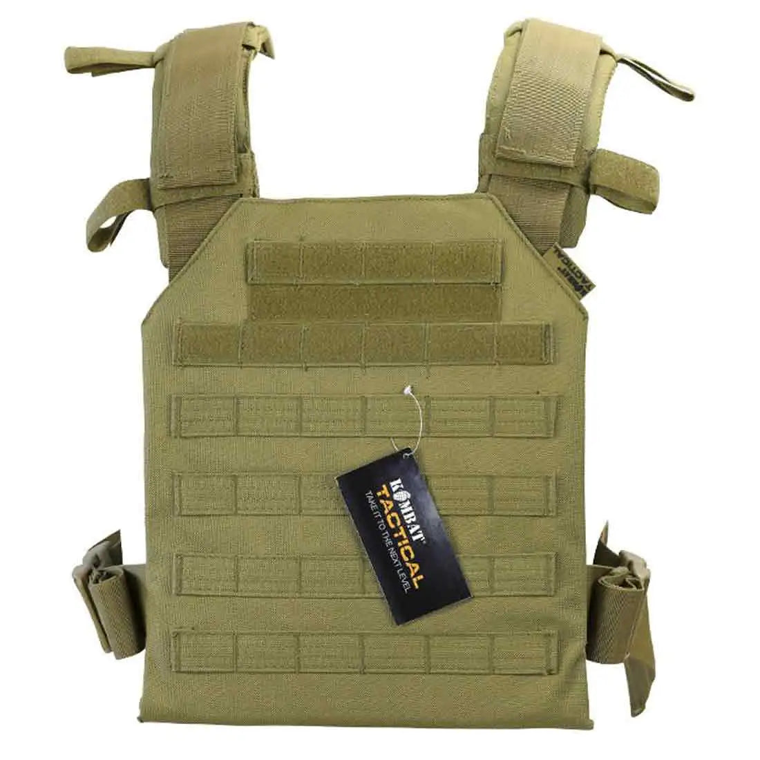 Kombat Spartan Airsoft Plate Carrier in coyote brown, featuring adjustable shoulder straps and MOLLE webbing for tactical customization. Coyote from John Bull Clothing