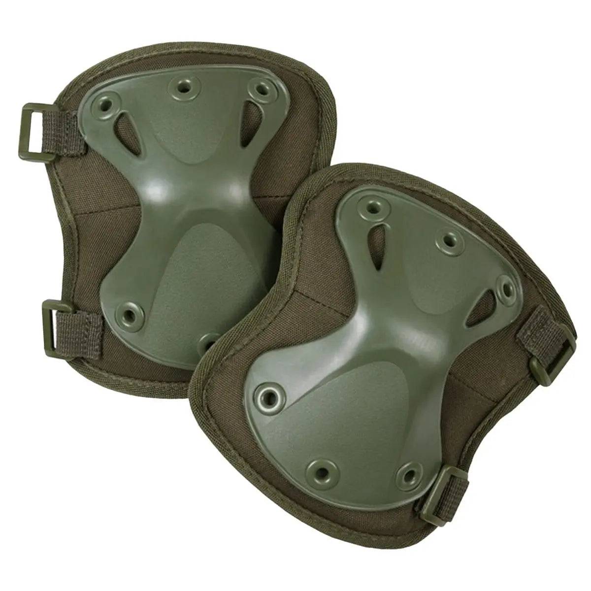 Kombat Spec-Ops Airsoft Knee Pads in olive green featuring a tough plastic shell and adjustable straps for enhanced comfort and durability.