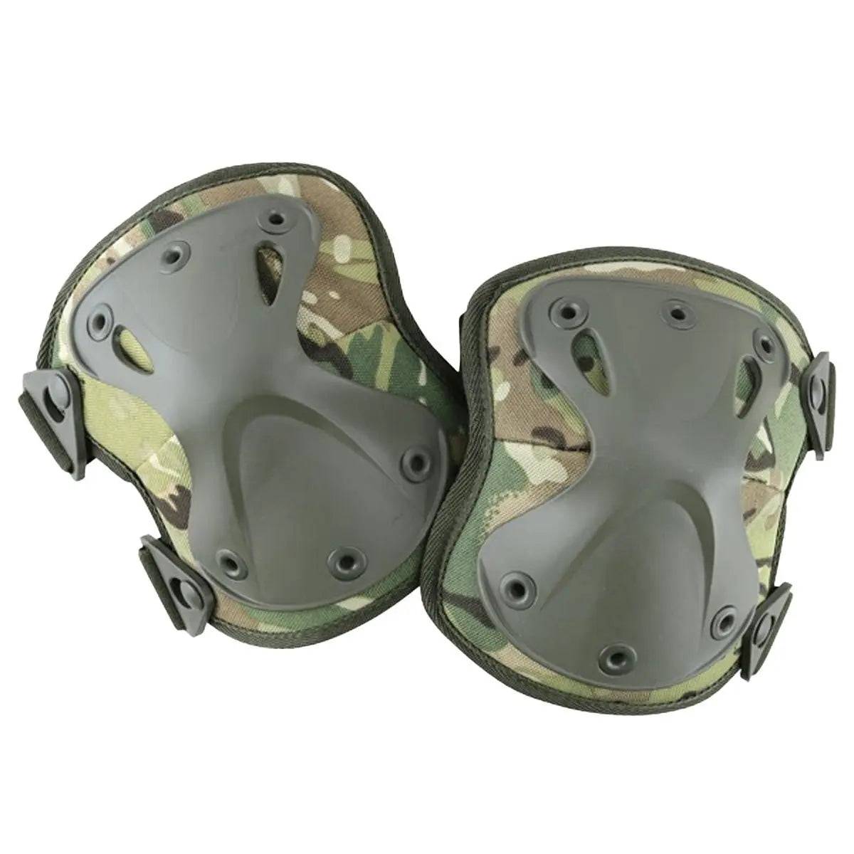 Kombat Spec-Ops Airsoft Knee Pads in camouflage design with durable plastic shell and adjustable straps for secure fit and protection.