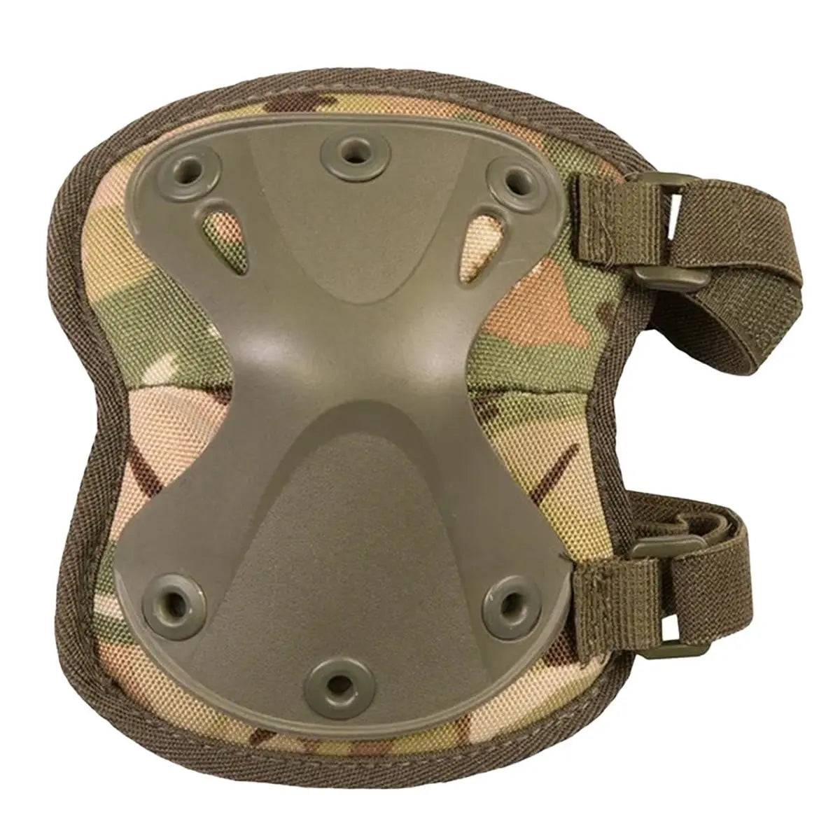 Single camouflage Kombat Spec-Ops Airsoft Knee Pad with a rugged plastic shell and secure strap system for optimal knee protection.