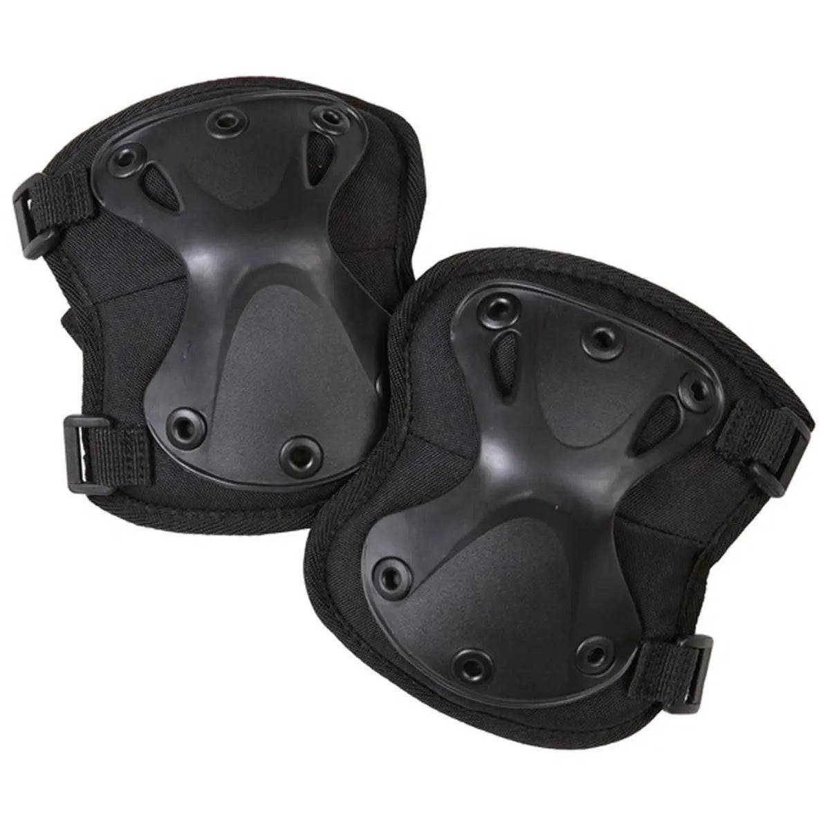 Black Kombat Spec-Ops Airsoft Knee Pads with reinforced plastic shell and adjustable straps, designed for tactical and outdoor activities.