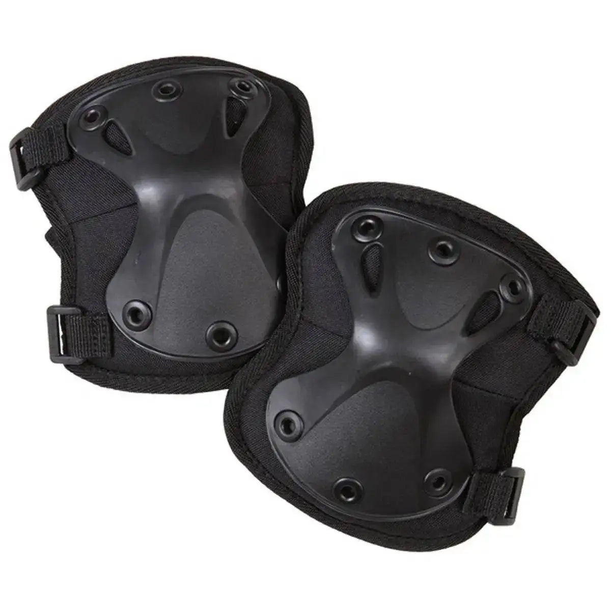 Black Kombat Spec-Ops Airsoft Knee Pads with reinforced plastic shell and adjustable straps, designed for tactical and outdoor activities. Black from John Bull Clothing