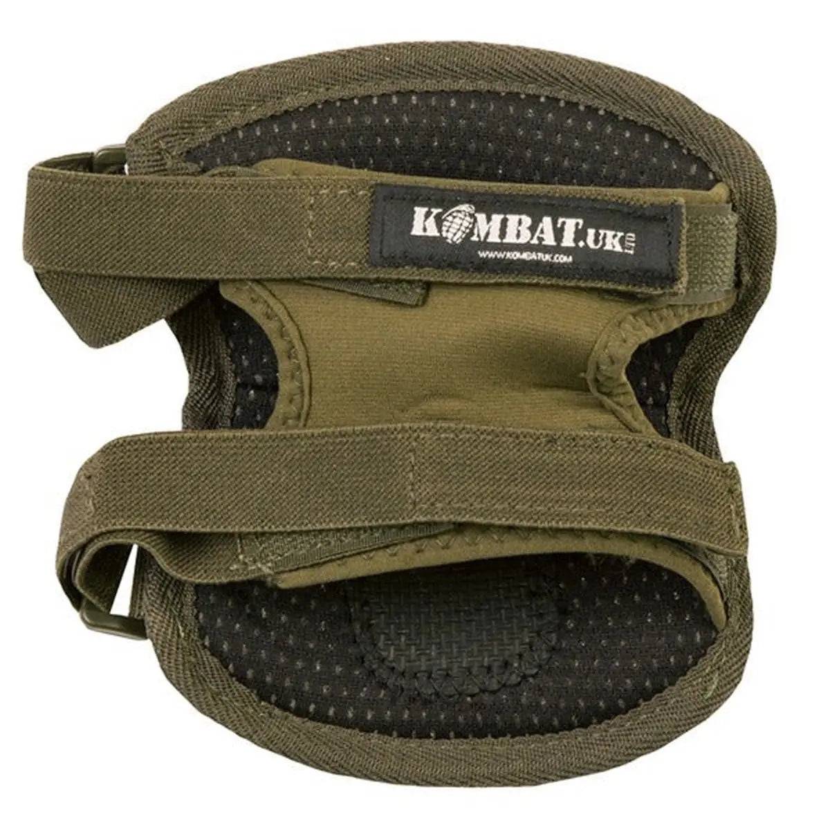 Back view of Kombat Spec-Ops Airsoft Knee Pad in olive green, showcasing adjustable straps and breathable padding for comfort and stability.