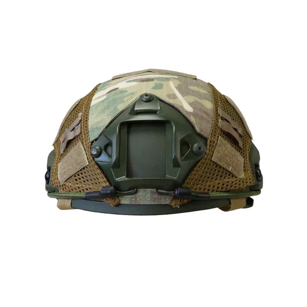Rear view of a Multicam Kombat Tactical Fast Helmet Cover, showcasing mesh ventilation and attachment points for tactical gear.