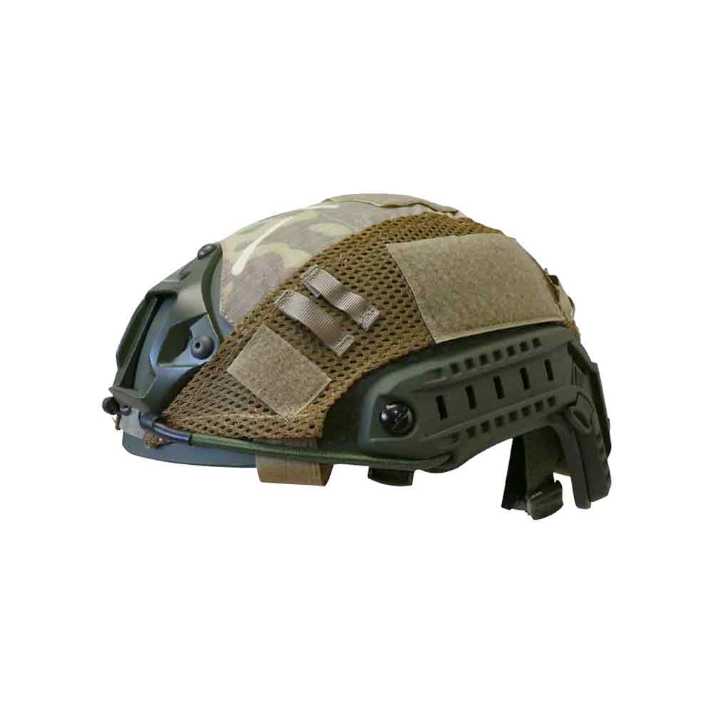 Side view of a Multicam Kombat Tactical Fast Helmet Cover, featuring durable ripstop fabric and modular attachment options for tactical operations.