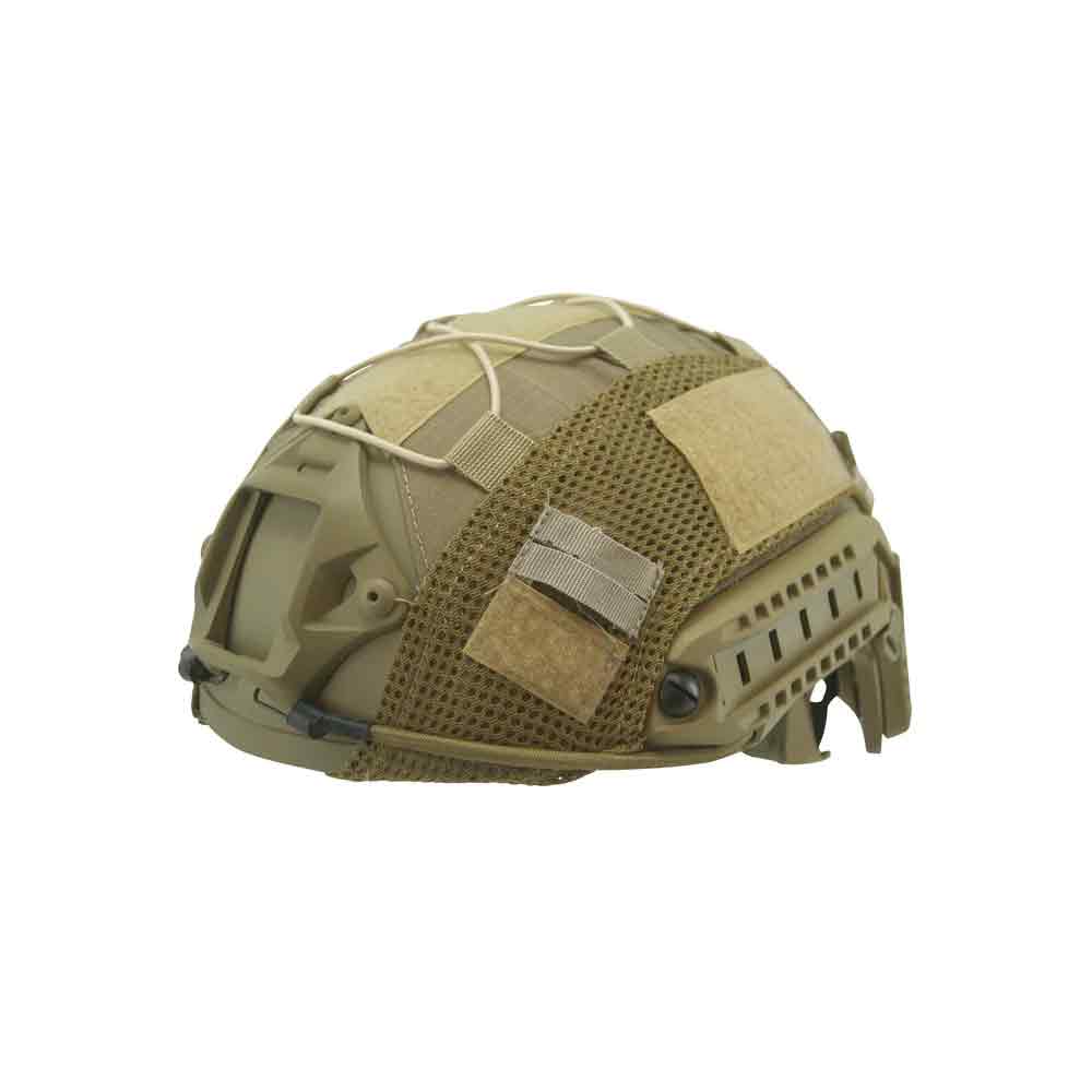 Kombat Tactical Fast Helmet Cover in tan color, designed for enhanced camouflage and gear attachment. Made from durable ripstop material for tactical use.