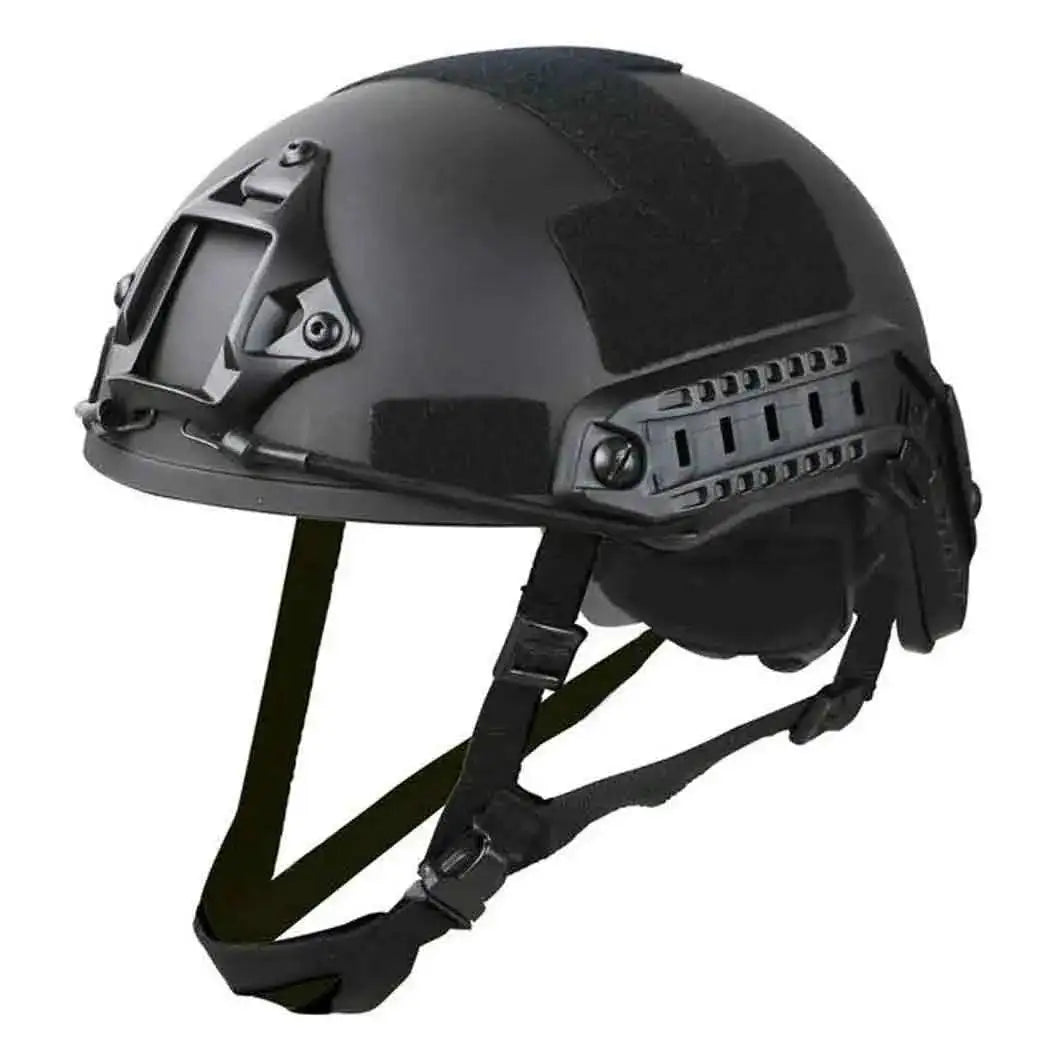 Black Kombat Tactical Replica Fast Airsoft Helmet featuring side mounts and chin strap, perfect for tactical professionals and airsoft players Black from John Bull Clothing