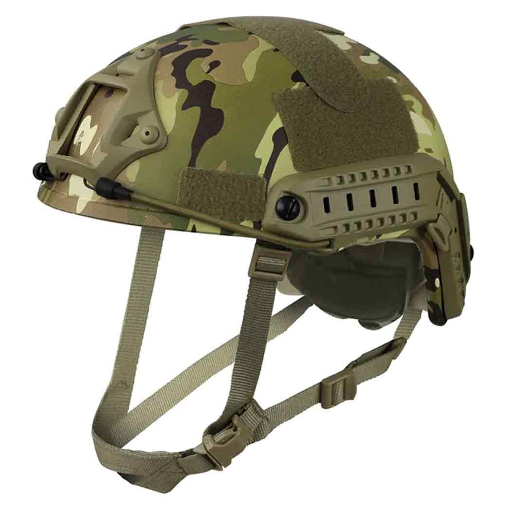 Kombat Tactical Replica Fast Airsoft Helmet in camouflage with adjustable straps and side rails, ideal for airsoft and tactical gear setups