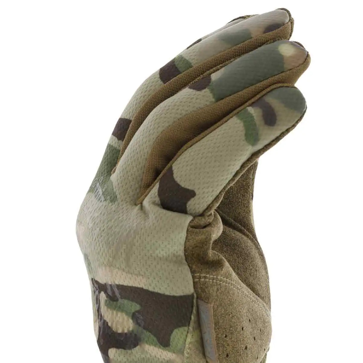 Angled view of Mechanix Fastfit Tactical Multicam Gloves displaying finger articulation and durable construction for professional use. from John Bull Clothing
