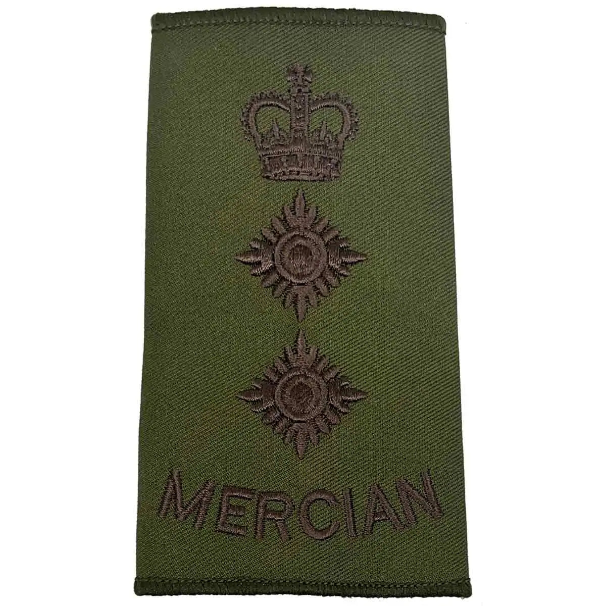 Olive green Mercian Regiment rank slide with crown above double pips, denoting Colonel rank in military uniform accessories. Colonel from John Bull Clothing