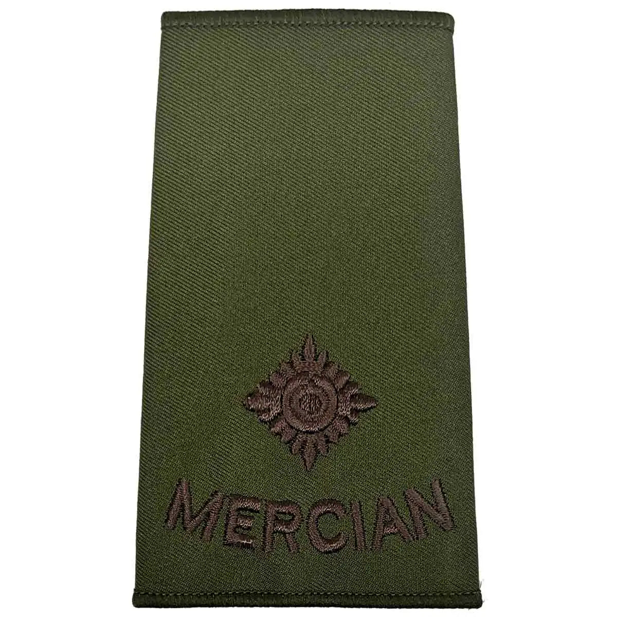 Single pip Mercian Regiment olive green rank slide with brown embroidery, representing Second Lieutenant rank in military uniforms. 2nd LT from John Bull Clothing