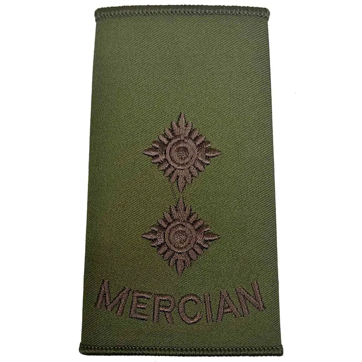 Double pip Mercian Regiment rank slide in olive green Cordura, indicating Lieutenant rank with brown embroidered insignia. LT from John Bull Clothing