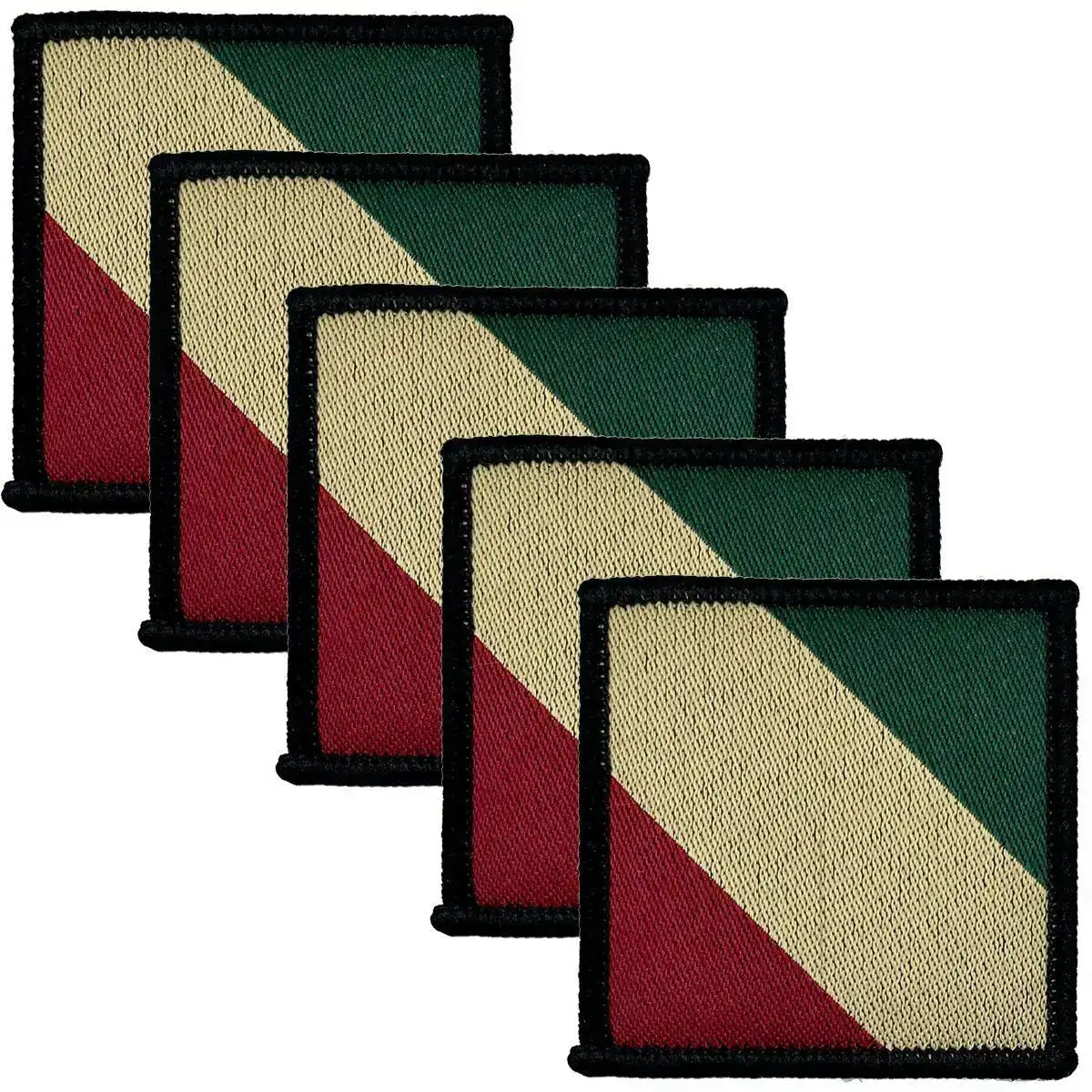 Pack of five Mercian Regiment TRF iron on patches featuring red, cream, and green stripes, regulation military uniform accessory from John Bull Clothing. 5 Pack from John Bull Clothing