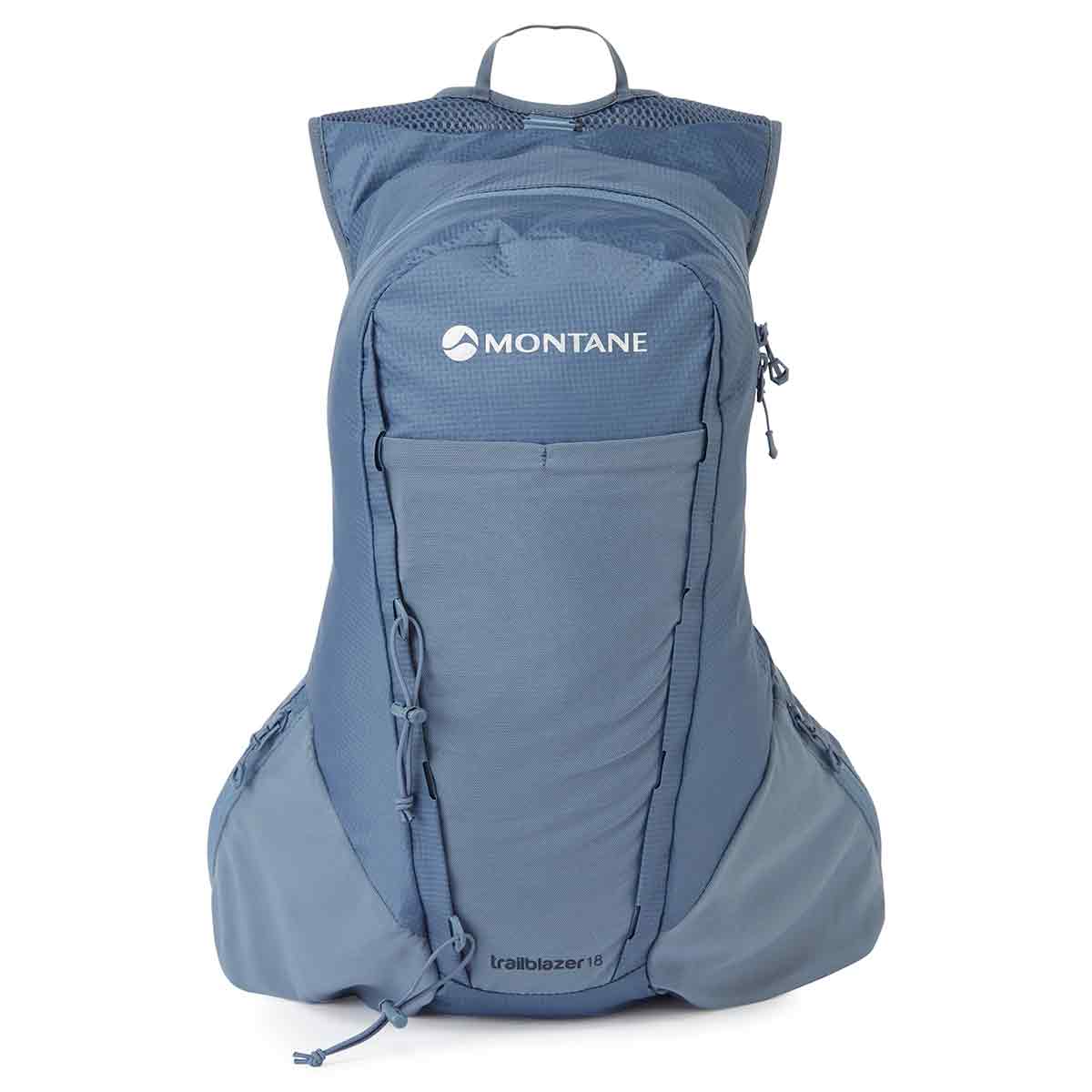 Front view of the Montane Trailblazer 18L Backpack in blue, showcasing its compact design and zippered compartments.