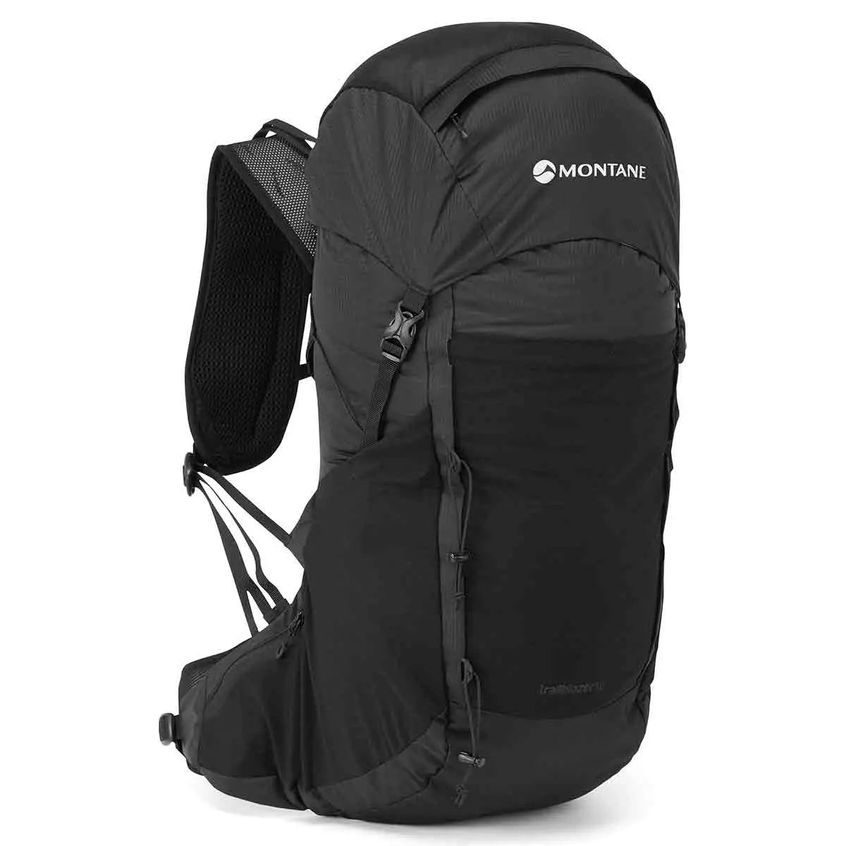 Montane Trailblazer 32 Litre Backpack in black, designed for outdoor adventures with ergonomic straps and multiple compartments for gear storage. Black from John Bull Clothing