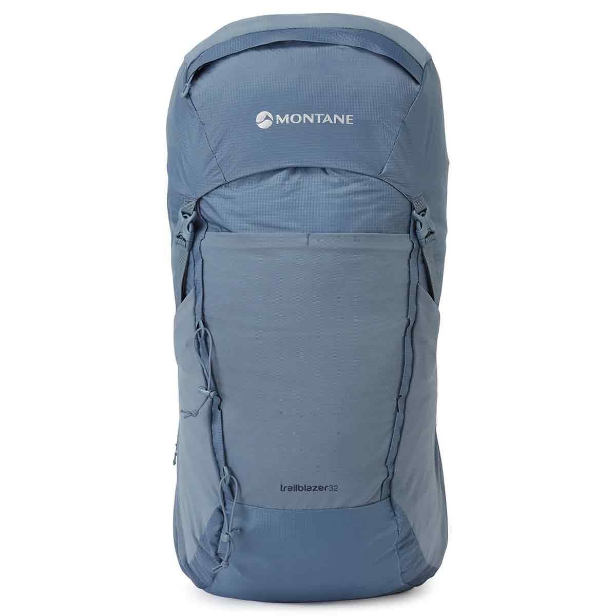 Front view of the Montane Trailblazer 32 Litre Backpack in blue, showcasing its streamlined design, zippered compartments, and rugged fabric.