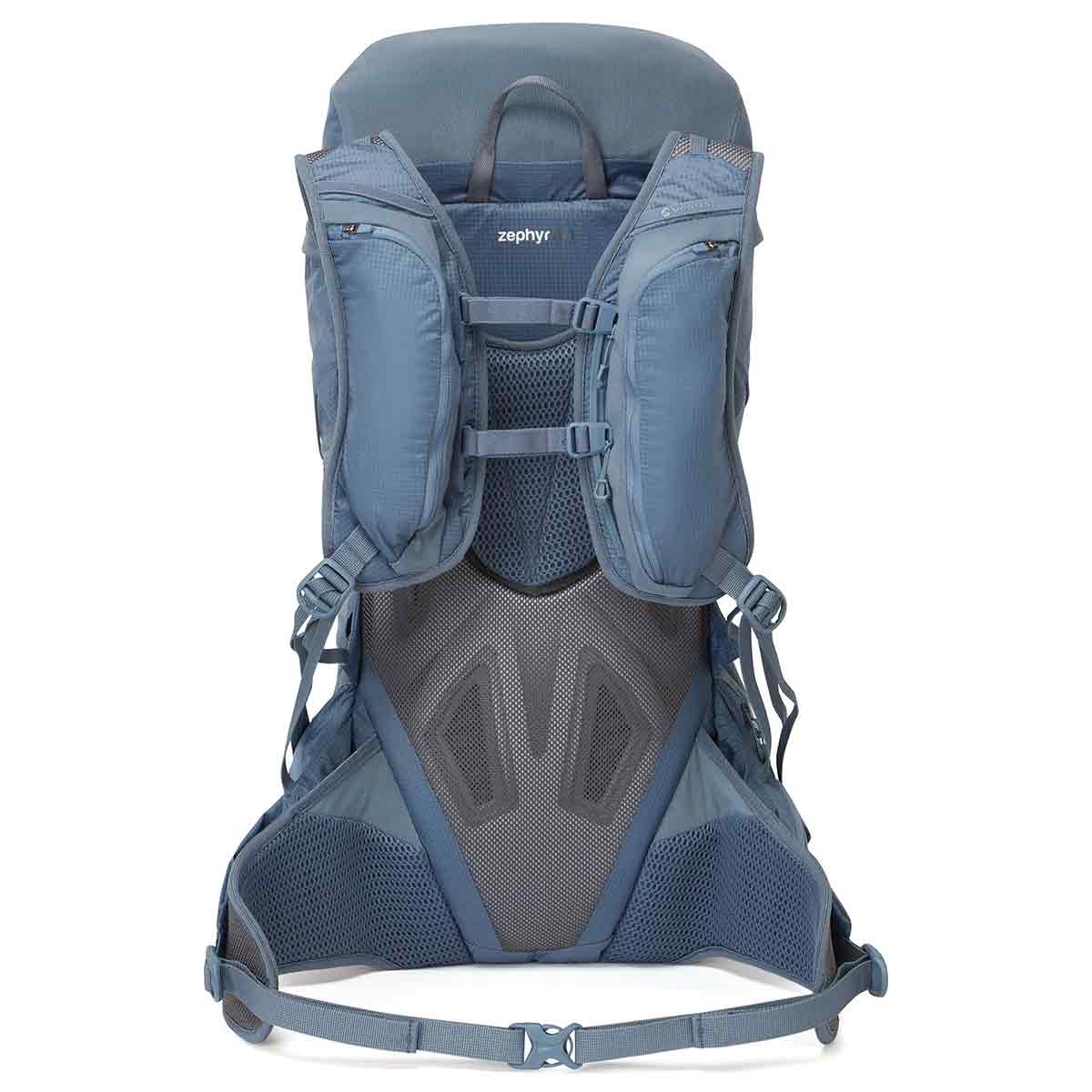 Back view of the Montane Trailblazer 32 Litre Backpack in blue, featuring ventilated padding, adjustable harness system, and multiple storage compartments.