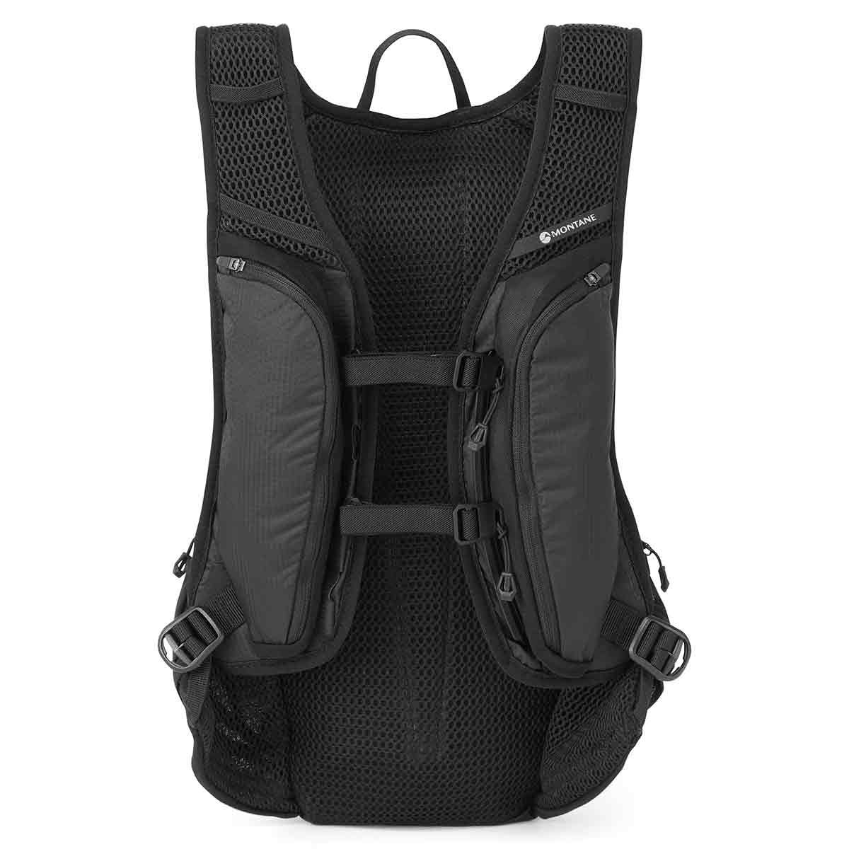 Back view of the Montane Trailblazer 8L Recycled Backpack in black, highlighting adjustable chest straps, breathable mesh, and ergonomic support for comfort.