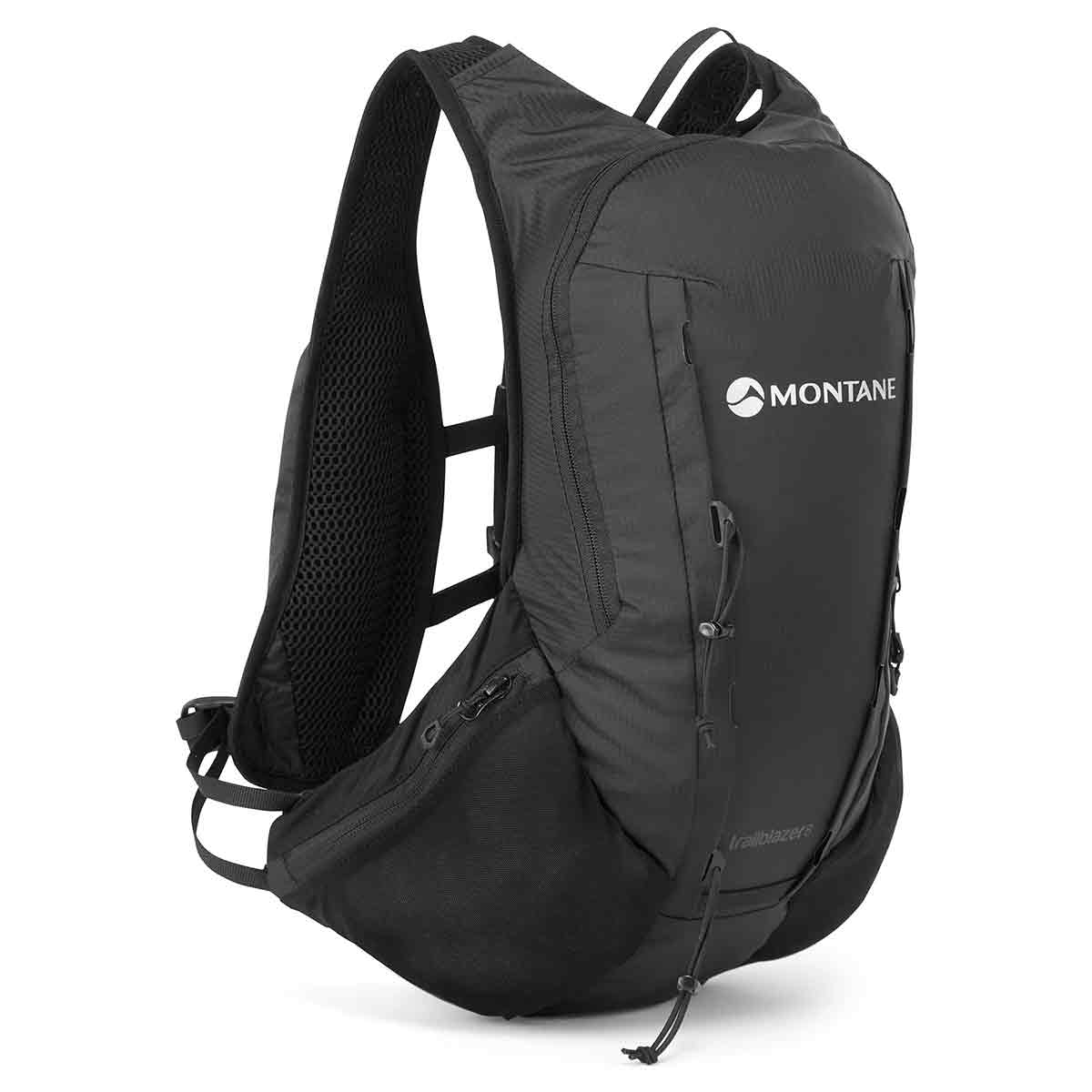 Montane Trailblazer 8L Recycled Backpack in black, offering a sleek, compact design with multiple pockets and hydration compatibility for outdoor enthusiasts.