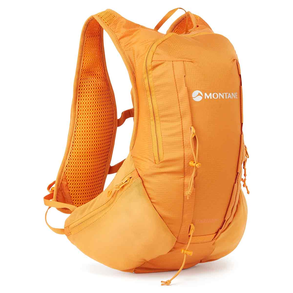 Montane Trailblazer 8L Recycled Backpack in vibrant orange, featuring lightweight design, breathable straps, and multiple compartments for outdoor adventures.