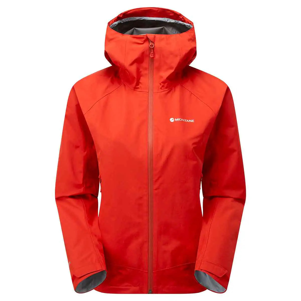 Montane Womens Spirit Waterproof Jacket in vibrant red. Durable and lightweight Gore-Tex raincoat for outdoor adventures. Saffron Red from John Bull Clothing