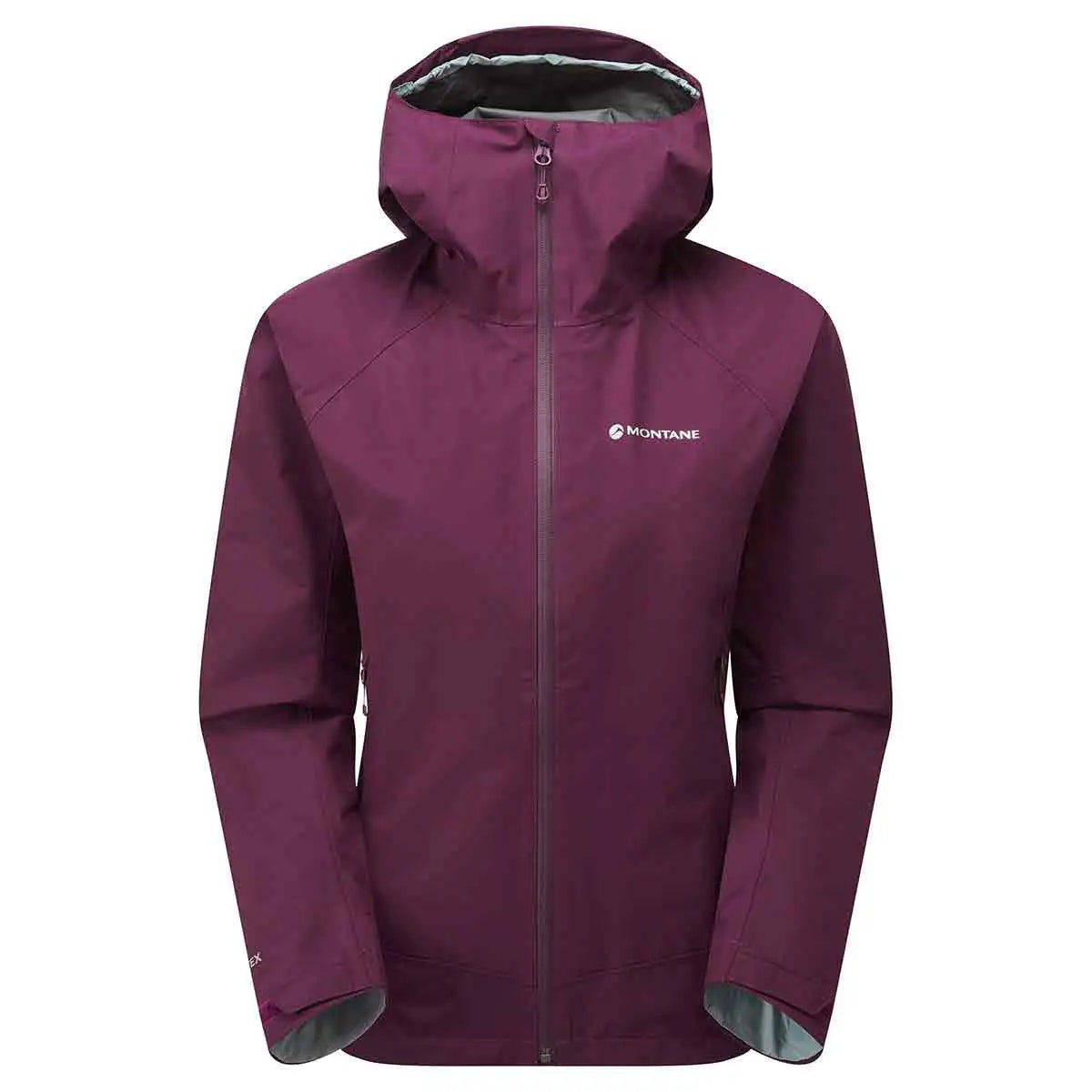 Montane Womens Spirit Waterproof Jacket in deep purple. A lightweight, waterproof raincoat designed for outdoor weather protection. Saskatoon Berry from John Bull Clothing