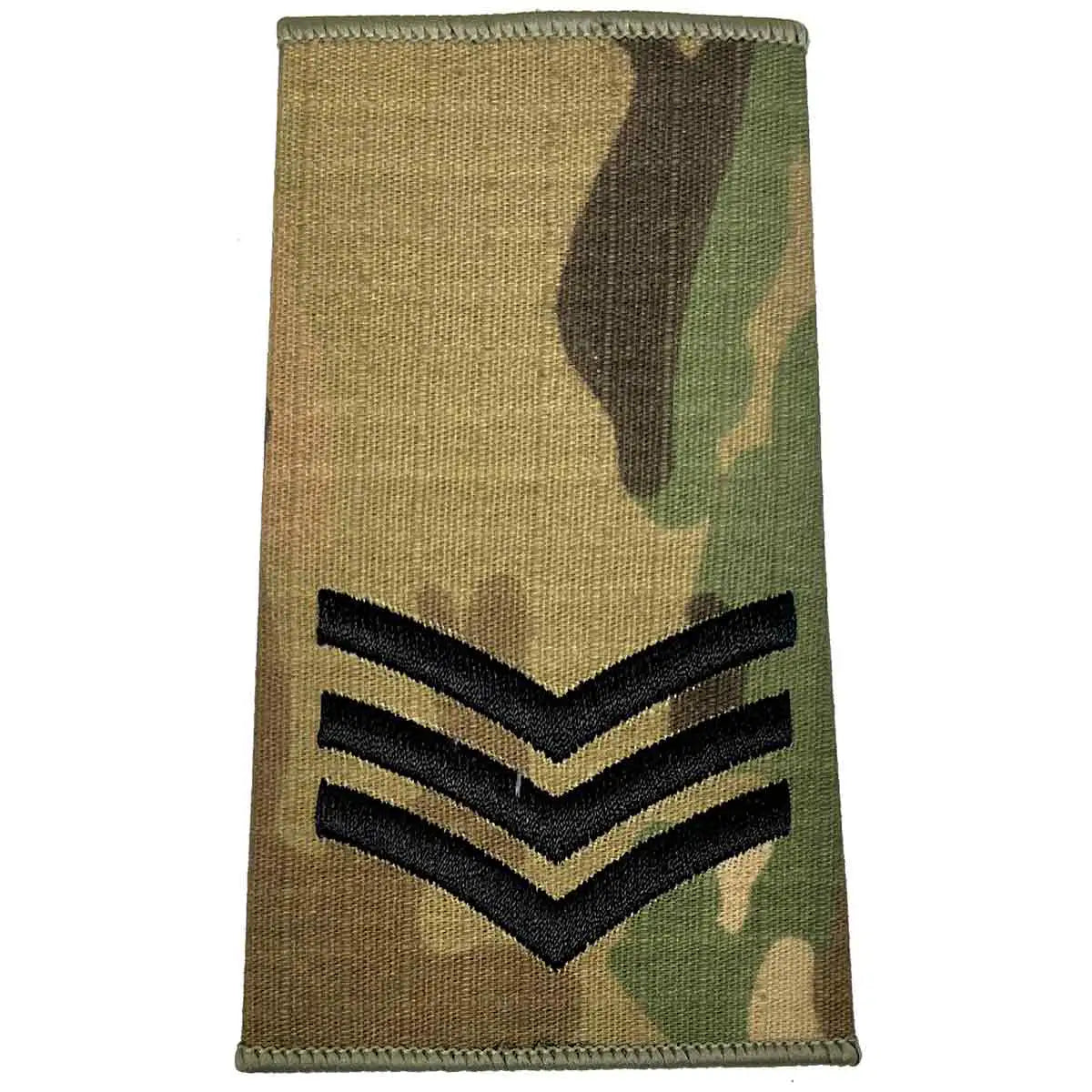 Three-chevron Multicam Rank Slide with black embroidery, suitable for sergeants, part of John Bulls military uniform collection. Sergeant from John Bull Clothing