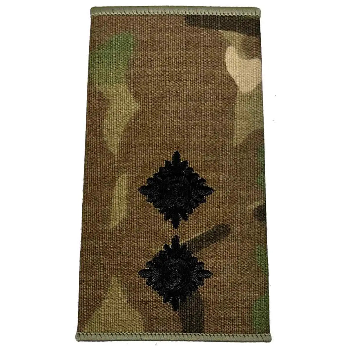 Two black pips embroidered on a Multicam Rank Slide, denoting higher officer rank, part of John Bulls uniform accessories. LT from John Bull Clothing