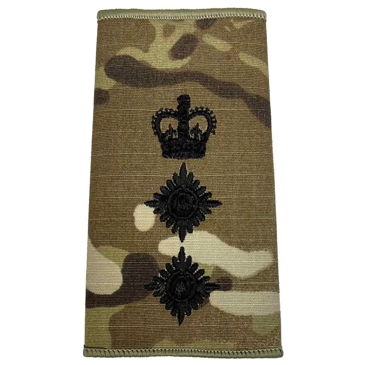 Military Rank Slide in Multicam with crown above two pips, embroidered in black, for senior officer ranks by John Bulls. Colonel from John Bull Clothing
