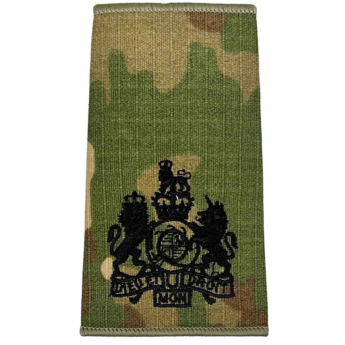 Multicam Rank Slide with detailed black embroidered royal coat of arms, suitable for ceremonial or high-ranking military use. WO1 from John Bull Clothing