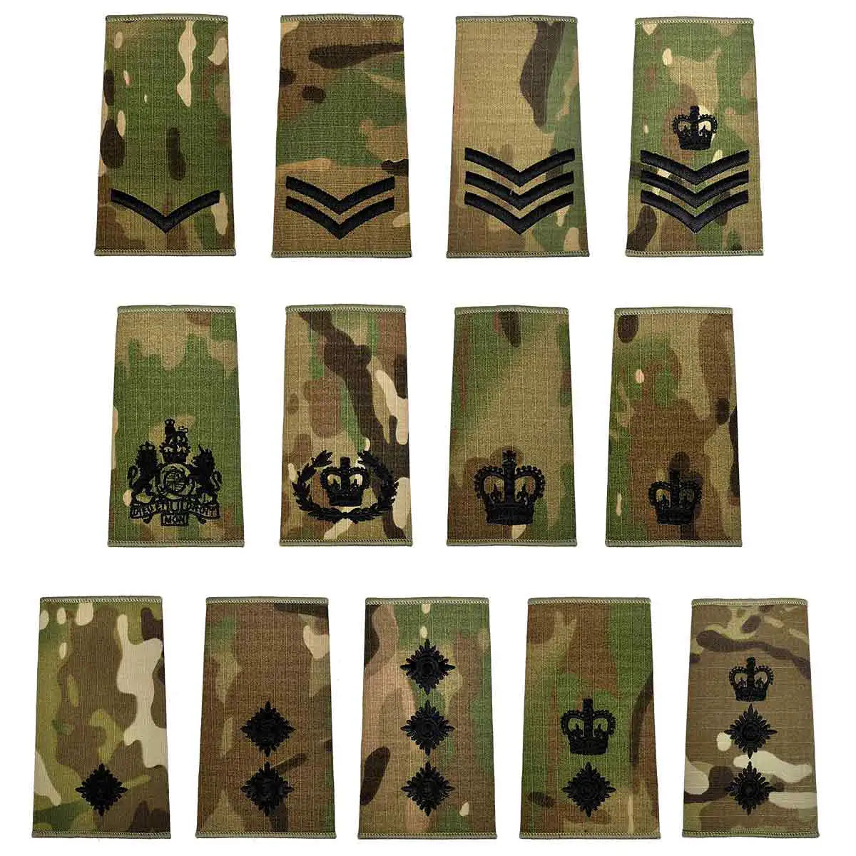 Assorted Multicam Rank Slides with black embroidery for various military ranks, made from durable Cordura fabric by John Bulls. from John Bull Clothing