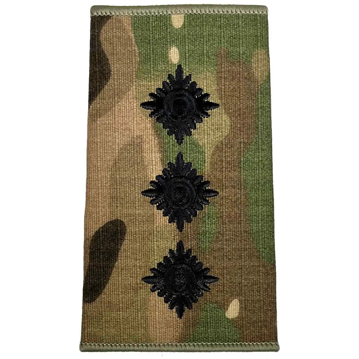 Three black pips on a Multicam Rank Slide, indicating senior officer rank, made from durable Cordura by John Bulls. Captain from John Bull Clothing