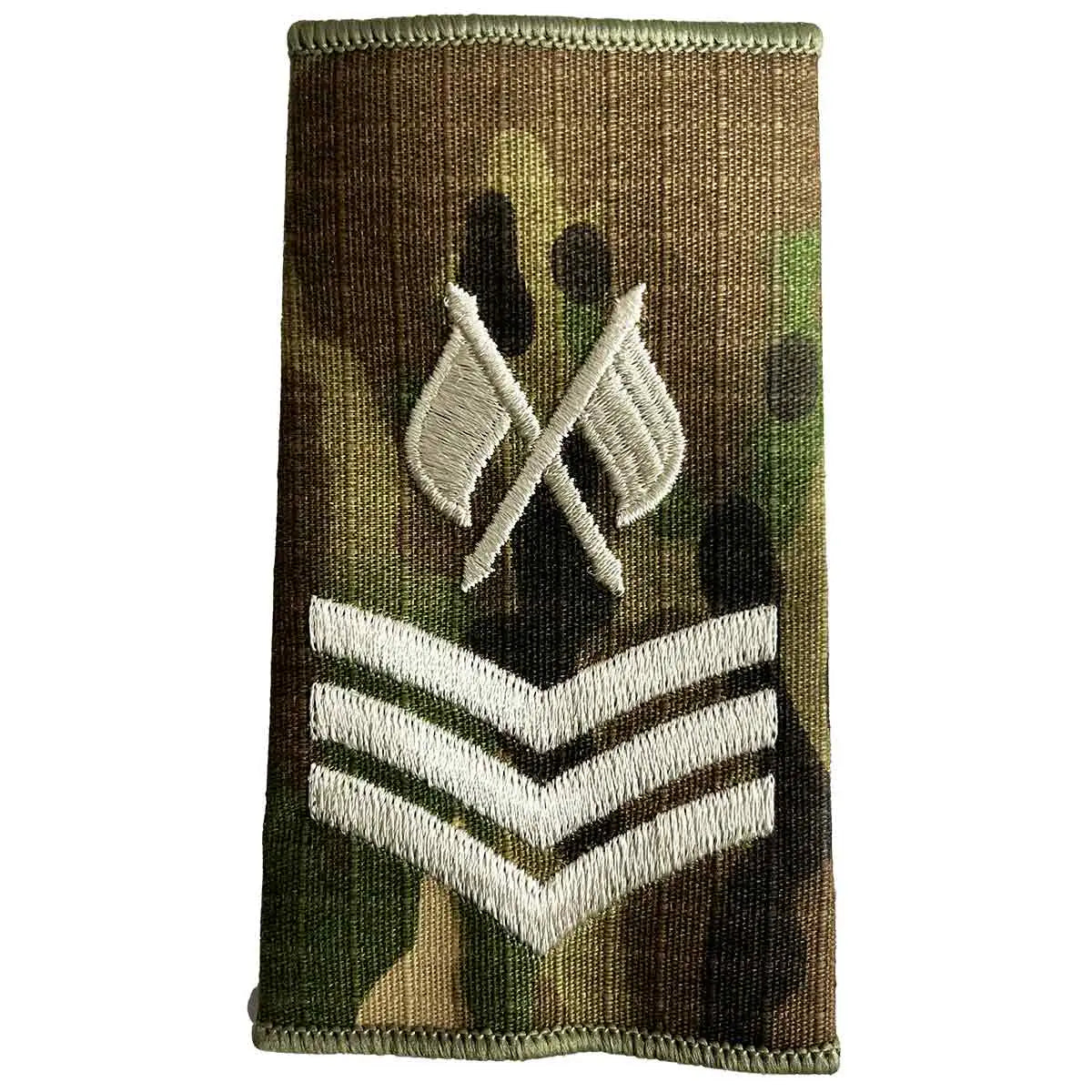 Multicam Rank Slide with crossed flags and three ivory chevrons, for signals sergeant rank, made to MOD standards by John Bulls. Sergeant + Crossed Flags from John Bull Clothing