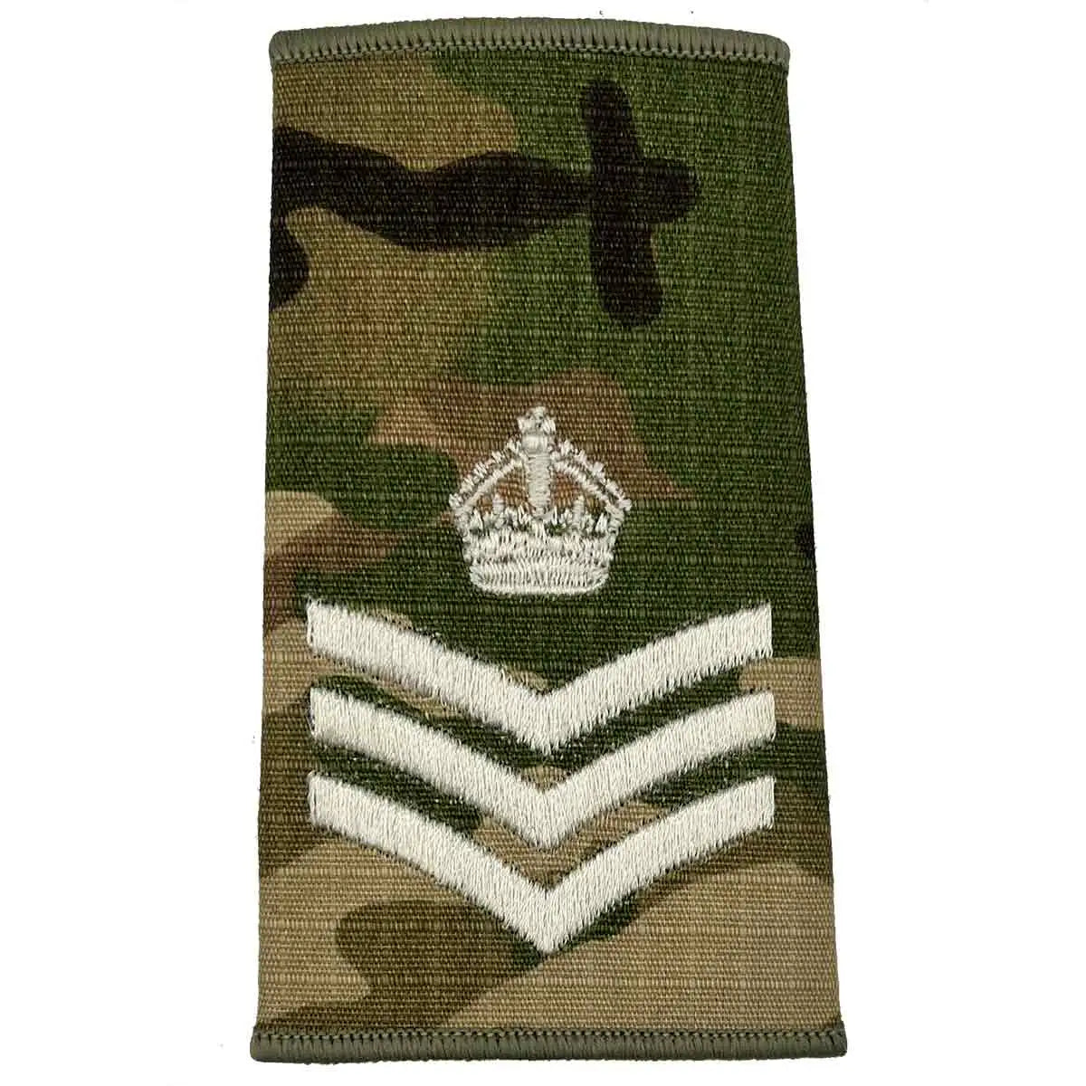Multicam Rank Slide with crown and three ivory chevrons, representing staff sergeant rank, made from Cordura by John Bulls. Staff Sergeant with Kings Crown from John Bull Clothing