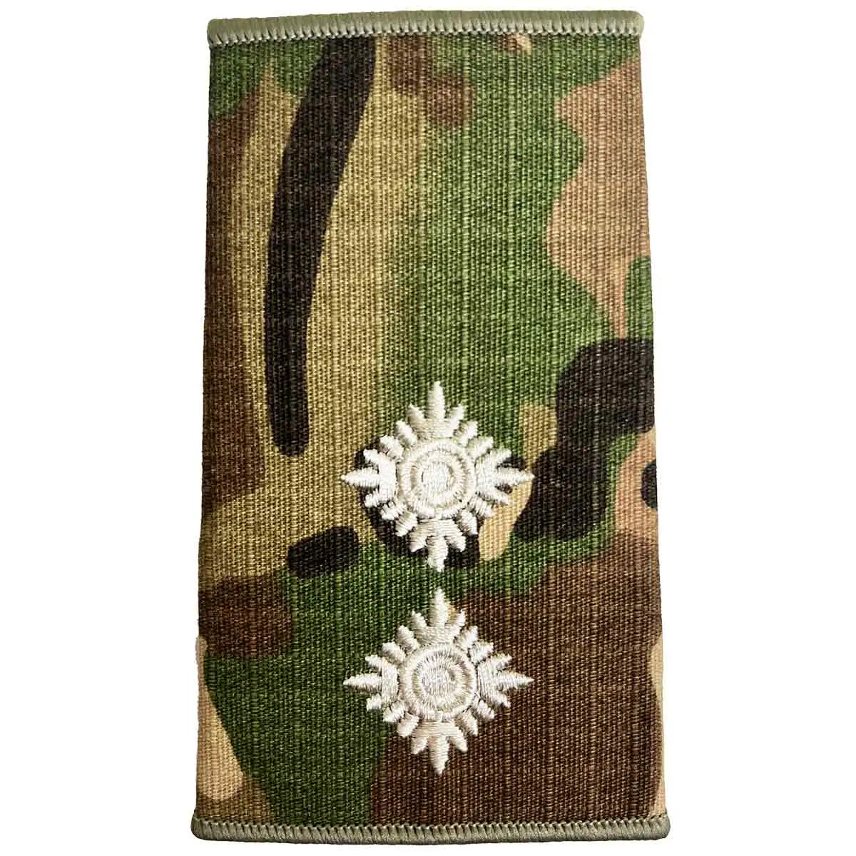 Multicam Rank Slide with two ivory stars, representing lieutenant colonel rank, made from Cordura by John Bulls. LT from John Bull Clothing