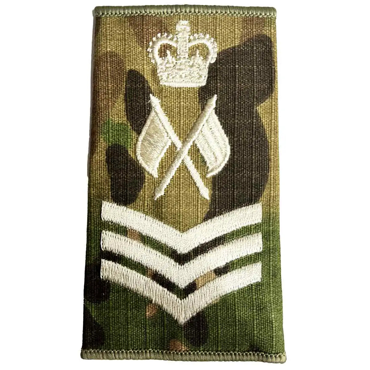 Multicam Rank Slide with crown, three chevrons, and crossed flags, denoting signals staff sergeant rank, by John Bulls. Staff Sergeant + Crossed Flags from John Bull Clothing