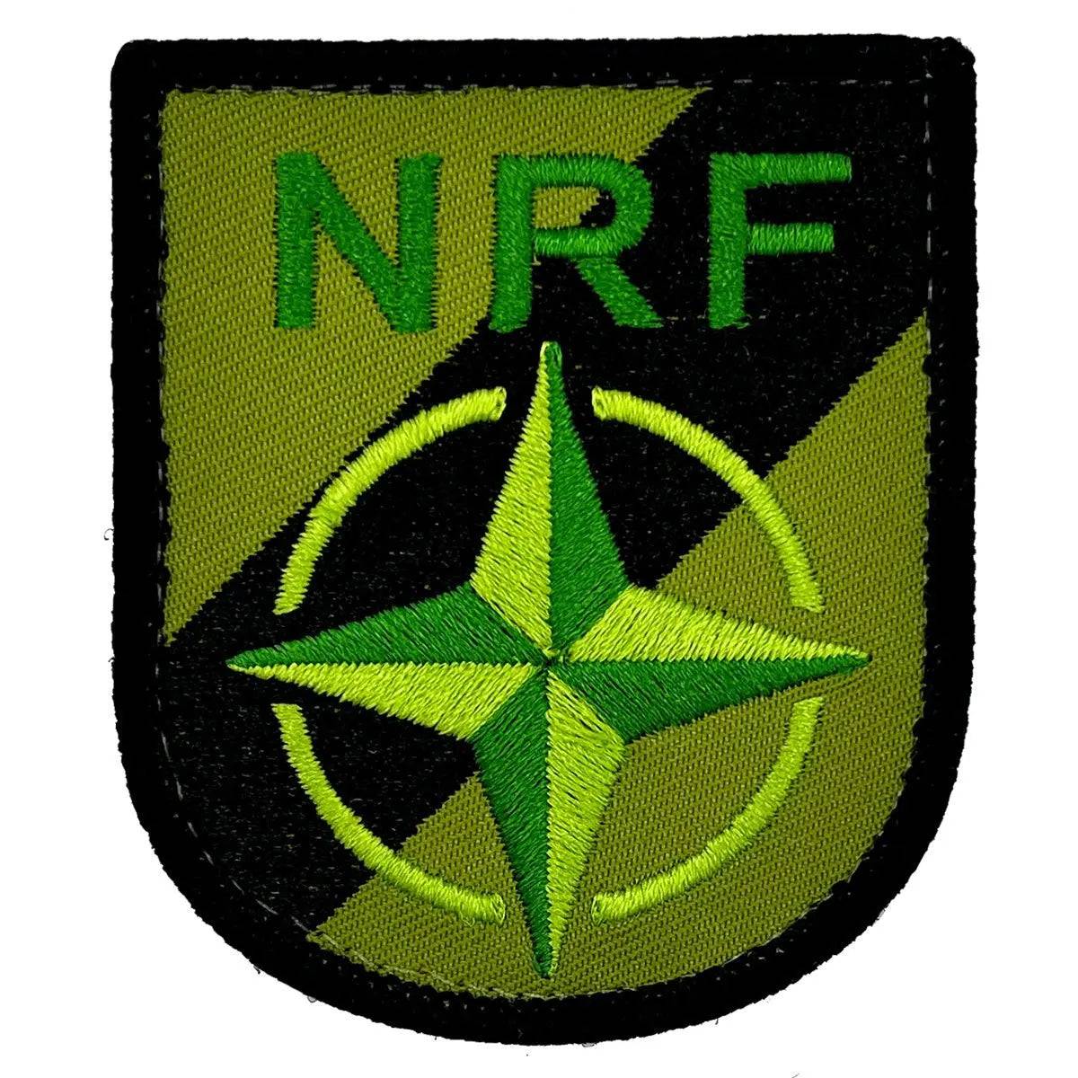 Nato Response Force TRF subdued hook & loop patch with embroidered green and black tactical design. Military uniform accessory made to MoD colors.