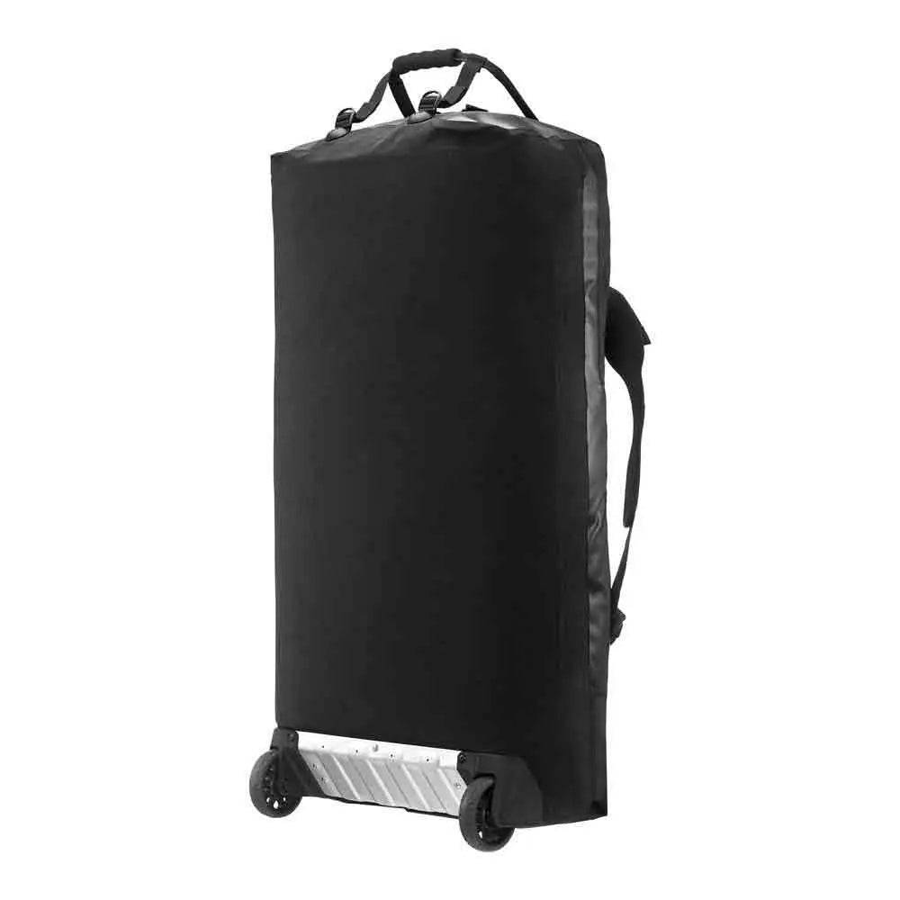 Back view of Ortlieb Duffle RS Travel Bag 140L in black, featuring a reinforced base and sturdy wheels for easy mobility.