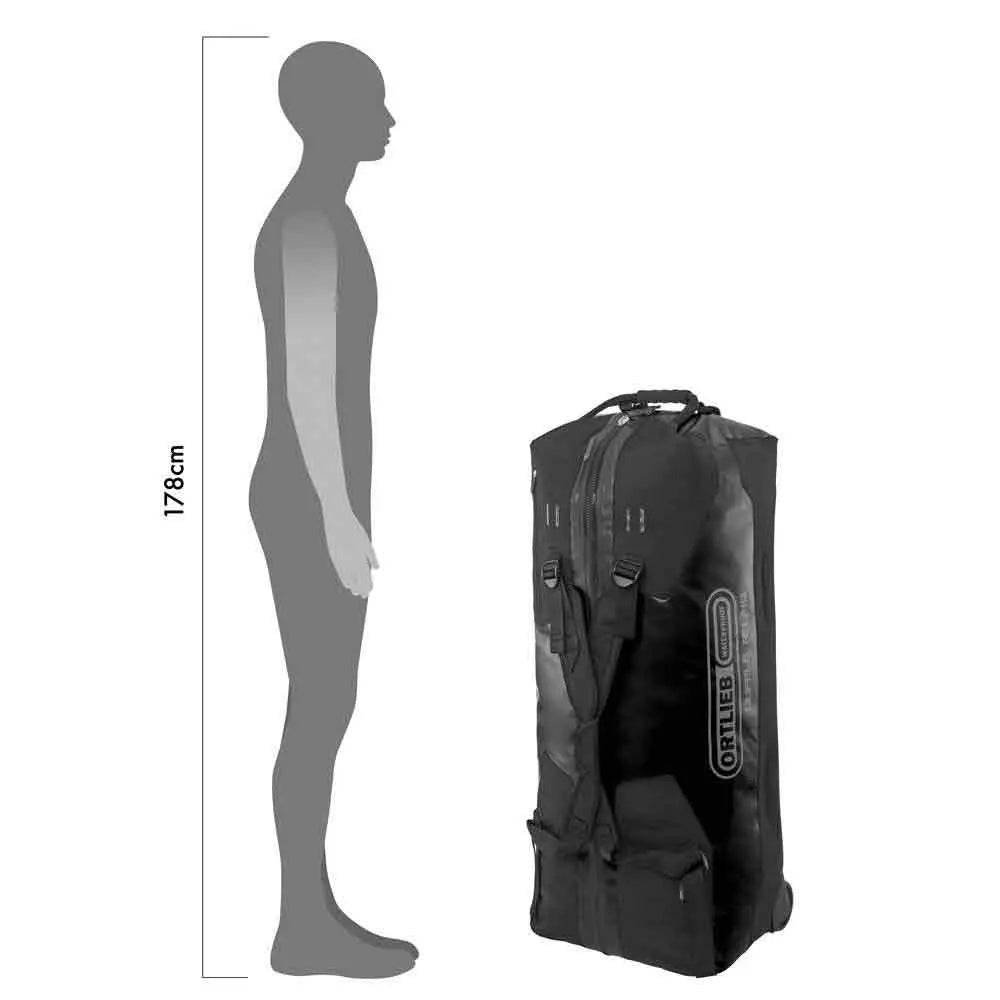 Size comparison of Ortlieb Duffle RS Travel Bag 140L next to a 178cm tall silhouette, highlighting its large capacity.