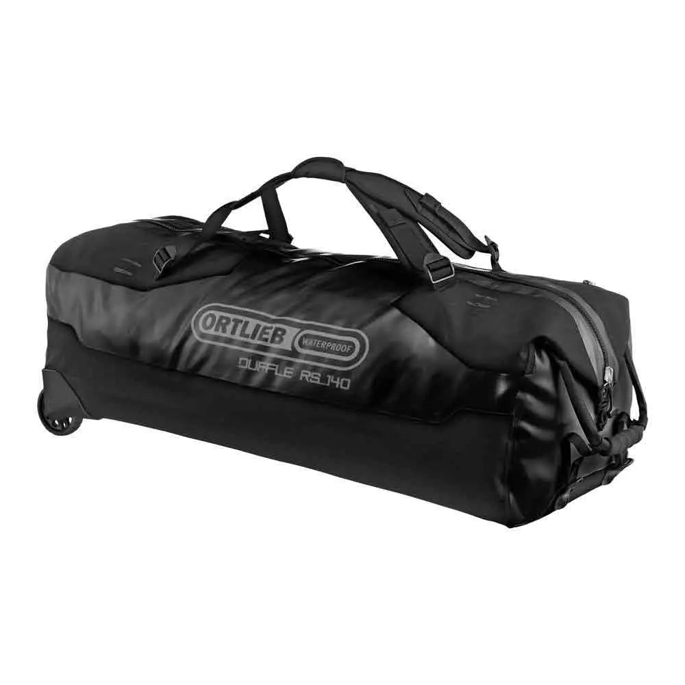 Ortlieb Duffle RS Travel Bag 140L in sleek black, featuring a waterproof build and robust wheels for seamless travel. 140 Litres from John Bull Clothing