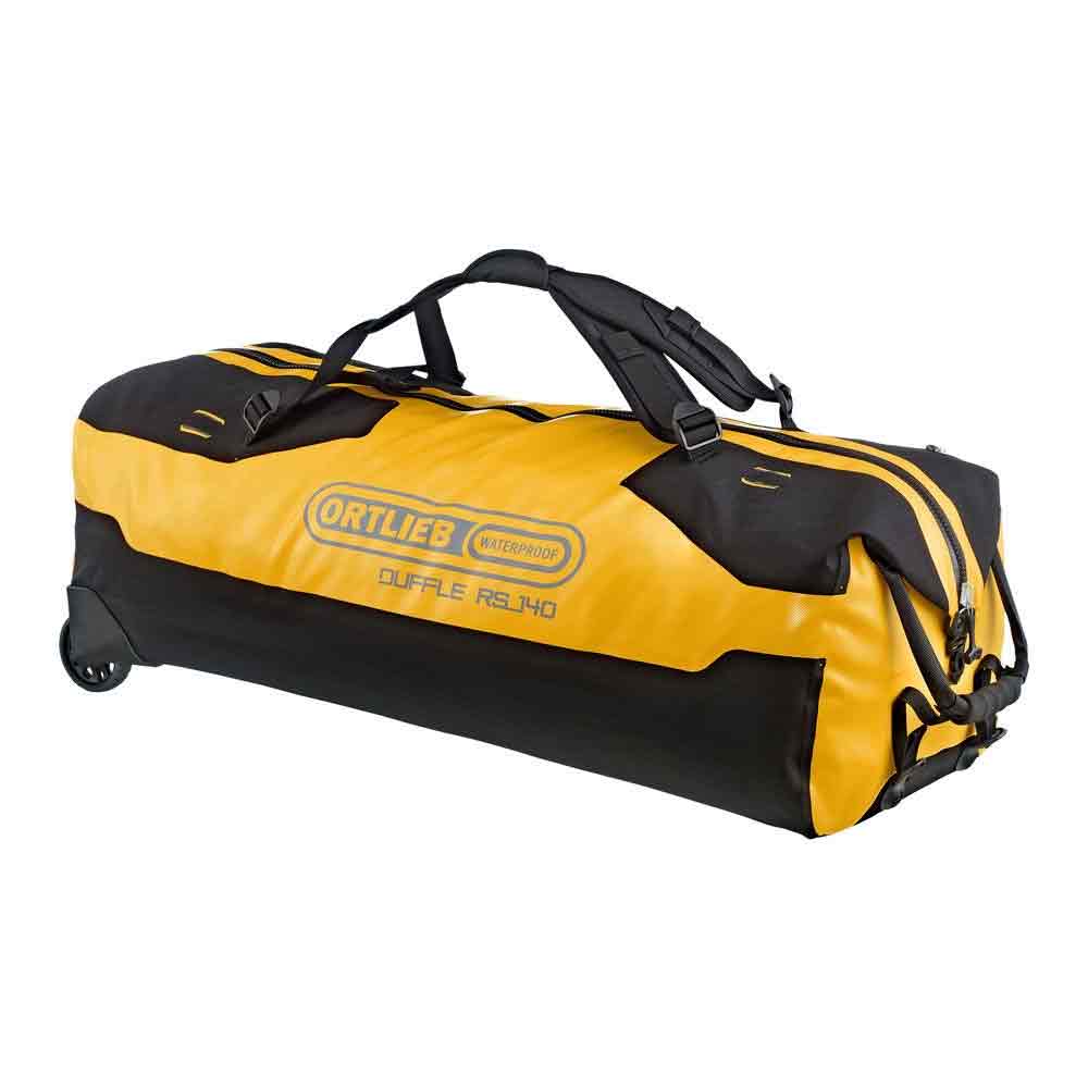 Ortlieb Duffle RS Travel Bag 140L in black and sun yellow with durable waterproof design and sturdy wheels for easy transport.