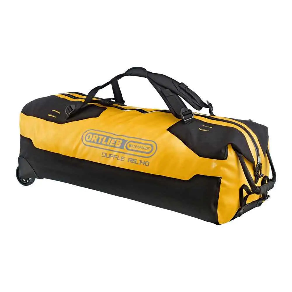 Ortlieb Duffle RS Travel Bag 140L in black and sun yellow with durable waterproof design and sturdy wheels for easy transport. 140 Litres from John Bull Clothing